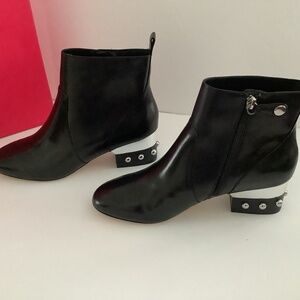 Genuine calf leather black shoe ankle boots metal silver heel studs size 8